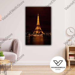 paris eiffel tower decorative city night illuminated roll up canvas, stretched canvas art, framed wall art painting