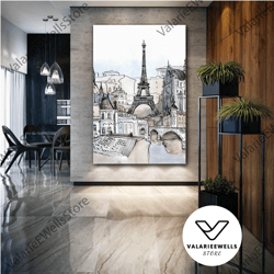 paris wall art, line art city, eiffel tower wall decor, roll up canvas, stretched canvas art, framed wall art painting