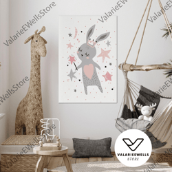 Pink Crowned Rabbit Wall Art, Baby Room Decor, Kids Room Wall Decor, Roll Up Canvas, Stretched Canvas Art, Framed Wall A