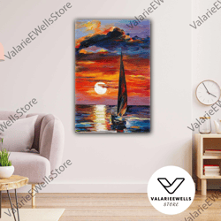 sailing boat oil painting effect sunset landscape sea roll up canvas, stretched canvas art, framed wall art painting