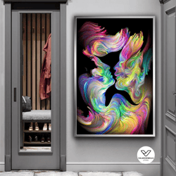 abstract couple kissing love painting, colorful couple in love decorative wall art, romantic canvas painting, man and wo