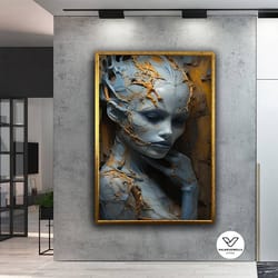 alien woman canvas art, grey and gold woman decorative wall art, abstract woman canvas painting, women canvas print, mod