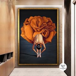 ballerina in orange flower dress canvas art, ballerina canvas painting, ballerina poster, woman painting in floral dress