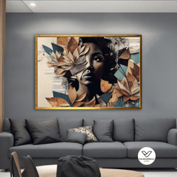 black woman canvas painting, autumn woman wall decor, soft colors canvas art, woman and leaves canvas print, modern home