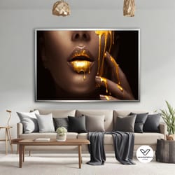 black woman gold lip canvas art, african woman gold lip canvas ,black girl art canvas, gold woman home gift, gold print,