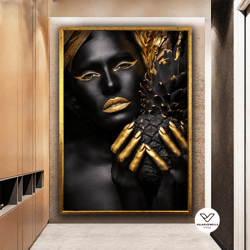 black woman hold a pineapple canvas painting, african gold woman wall decor, black woman gold makeup canvas, gold and bl