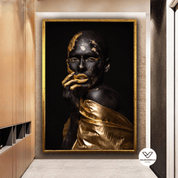 black woman with gold paint canvas, black and gold woman decorative wall art, gold detailed woman canvas decorative wall