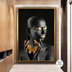 black woman with golden butterfly canvas art, black woman painting, black woman gold lips, gold lip canvas, gold and bla