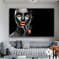 black woman with orange lips canvas art, black woman face decorative wall art, orange lips canvas painting, woman portra