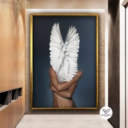 black woman with white winged head canvas painting, white wings decorative wall art, wing woman canvas print, naked woma