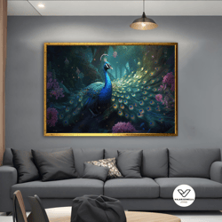 blue peacock in the dark canvas, peacock in the forest decorative wall art, elegant peacock painting, peacock canvas pri