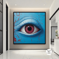 blue person with brown eyes, surreal decorative wall art, blue person portrait canvas decorative wall art, brown eye pri