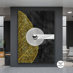 boho canvas painting, abstract gold leaf canvas art, black and gold decorative wall art, geometric shapes canvas decorat