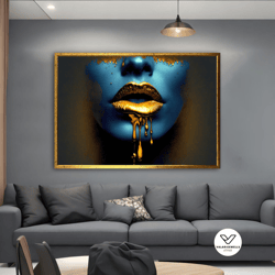 erotic gold lipstick canvas art, erotic lip art, sexy canvas painting, lip portrait, erotic canvas gift, girl room wall