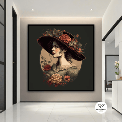 girl in hat with flowers canvas, vintage girl decorative wall art, romantic canvas art, graceful girl with a hat , moder