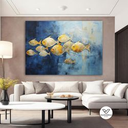 gold fish painting, fish poster, abstract blue sea painting, fish canvas painting