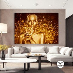 gold woman canvas painting, golden girl decorative wall art, gold glitter canvas print, golden elegant women canvas, mod