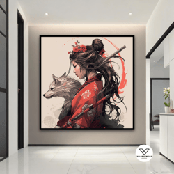 japanese anime and wolf canvas painting, samurai girl decorative wall art, cartoon poster, modern samurai woman canvas p