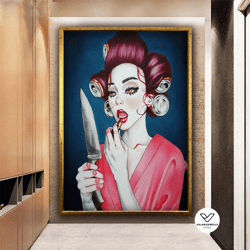 knife mirror canvas print, woman with makeup canvas decorative wall art, gothic woman with knife in hand canvas painting