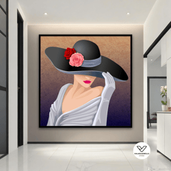 Lady In Floral Hat Canvas Painting, Modern Woman Decorative Wall Art, Woman In Hat Print, Girl Portrait Canvas Print
