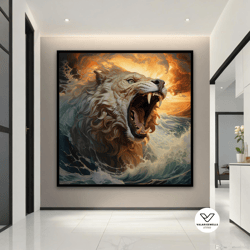 lion canvas painting, roaring lion decorative wall art, roaring lion poster, lion canvas print, animal office art, anima