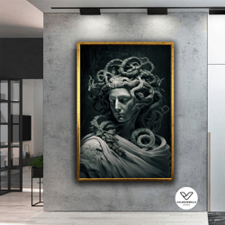 medusa statue canvas art, medusa decorative wall art, ancient greek mythology art, snake head abstract canvas painting,
