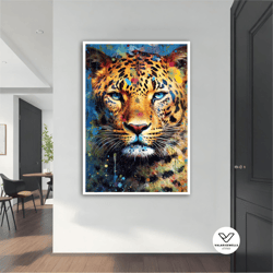 painted tiger canvas painting, colorful tiger poster, tiger decorative wall art, blue eyes tiger art, tiger home decor,