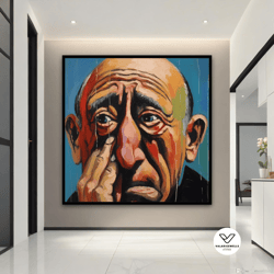 unhappy old man canvas painting, colorful sad man decorative wall art, unhappy man with blue eyes canvas print, modern c