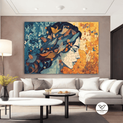 woman canvas painting, puzzle looking woman canvas art, autumn woman decorative wall art, abstract girl canvas paint, mo