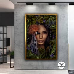 woman canvas print, woman with bird eyes decorative wall art, flower woman canvas painting, floral art, modern woman can