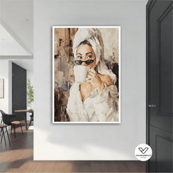 woman drinking coffee modern canvas, modern painting, decorative wall art, modern canvas, abstract art, black and white