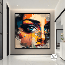 woman with blue eeyes canvas print, colorful woman decorative wall art, abstract woman painting, modern wall decor