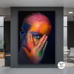 woman with colorful makeup canvas art, woman with blue eyes canvas painting, colorful woman decorative wall art, colorfu