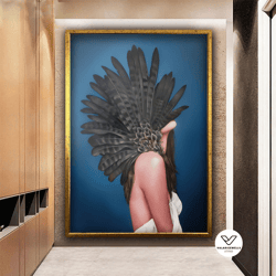 woman with feathers canvas painting, abstract portrait of woman with feathers, woman with wing head decorative wall art,