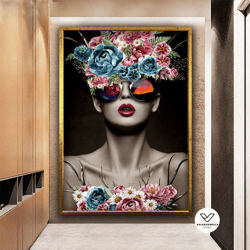 woman with glasses and flower hair canvas art, flower head woman decorative wall art, floral woman canvas, modern art ca