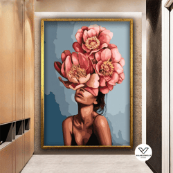 woman with pink rose head canvas painting, woman flower head decorative wall art, pink floral woman canvas art, woman de