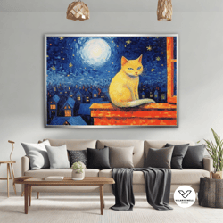 yellow cat on the roof canvas painting, cat at full moon decorative wall art, cat canvas print, cat lover gift, animal c