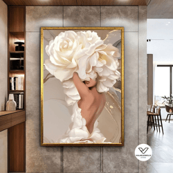 white flower woman, woman in flower dress, flower canvas print, floral art, sexy woman art, fashion decorative wall art,