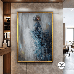 woman in blue dress, floral pattern woman, fashion decorative wall art, floral canvas print, flower decorative wall art,