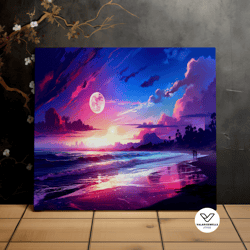 beautiful beach in the moonlight, majestic landscape, neon colors, scenic decorative wall art, canvas art, canvas print,