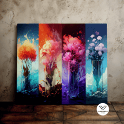 beautiful flowers in vases, multi panel, vibrant colorful flowers, unique art, scenic decorative wall art, canvas art, c
