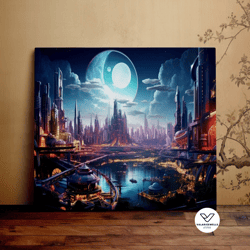 city of the future, cyberpunk, magical art, beautiful landscape, cityscape, scenic decorative wall art, canvas art, canv