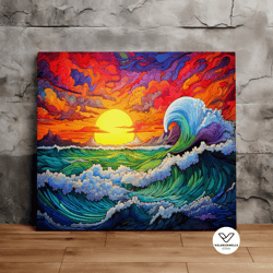 colorful ocean waves at sunset, nature art, beach art, ocean art, scenic decorative wall art, canvas art, canvas print,