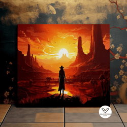 cowgirl at sundown in the valley, desertpunk, beautiful landscape, scenic decorative wall art, canvas art, canvas print,