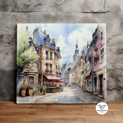 european town square castle, architecture art, watercolor style art, scenic decorative wall art, canvas art, canvas prin