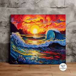 crashing waves at sunset, beach art, ocean art, calm meditation, scenic decorative wall art, canvas art, canvas print, r