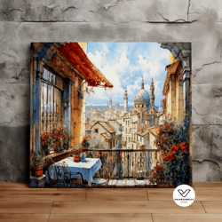european villa balcony overlooking the city, architecture art, scenic decorative wall art, canvas art, canvas print, rea