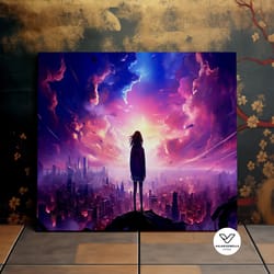 girl overlooking the vast city, heavenly lighting, beautiful landscape, scenic decorative wall art, canvas art, canvas p
