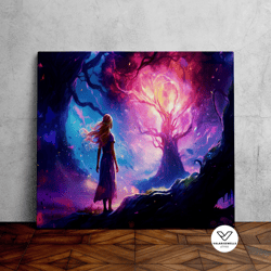 light in the forest, girl discovers the light, psychedelic night sky, scenic decorative wall art, canvas art, canvas pri