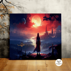 red robe woman overlooking a foreign land, majestic landscape, stunning scenery, scenic decorative wall art, canvas art,
